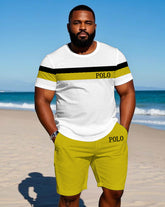 Men's Plus Size Simple Color-block Polo Chest Label Printed Short-sleeved T-shirt Shorts Suit